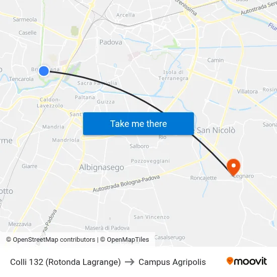 Colli 132 (Lagrange Roundabout) to Agripolis Campus map
