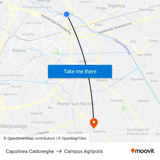 Cadoneghe Terminal to Agripolis Campus map