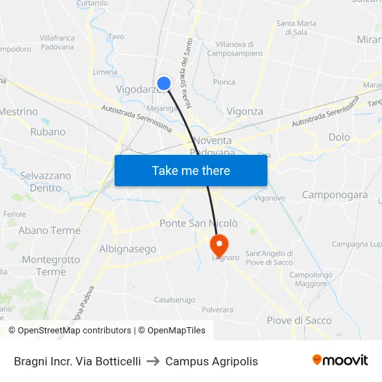 Bragni Botticelli Street Junction to Agripolis Campus map