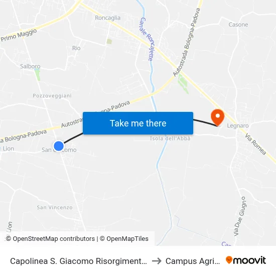 San Giacomo Risorgimento Church Terminal to Agripolis Campus map