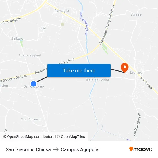 San Giacomo Church to Agripolis Campus map