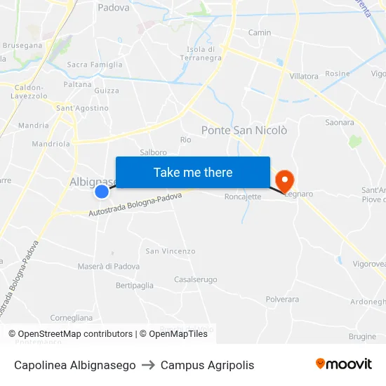Albignasego Terminal to Agripolis Campus map