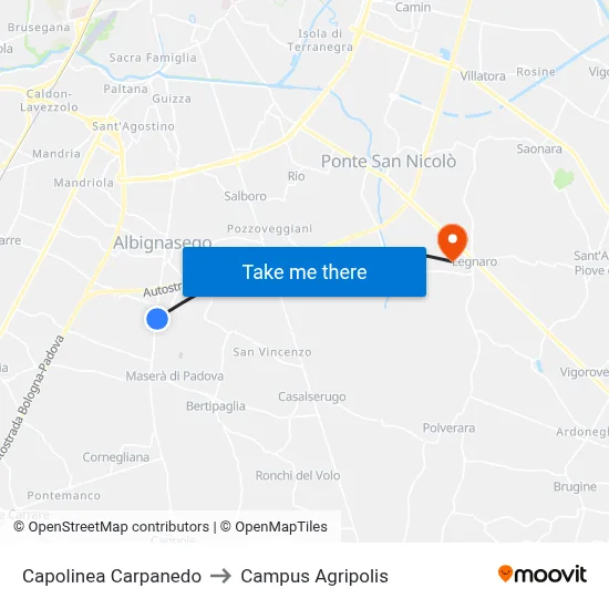 Carpanedo Terminal to Agripolis Campus map