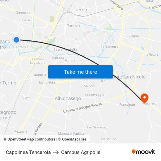 Tencarola Terminal to Agripolis Campus map