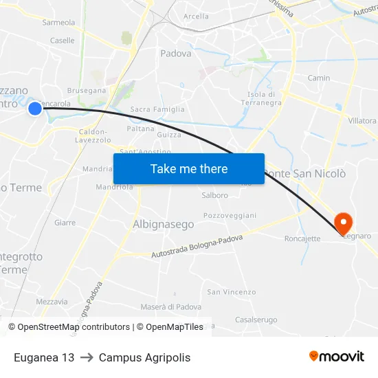 Euganea 13 to Agripolis Campus map
