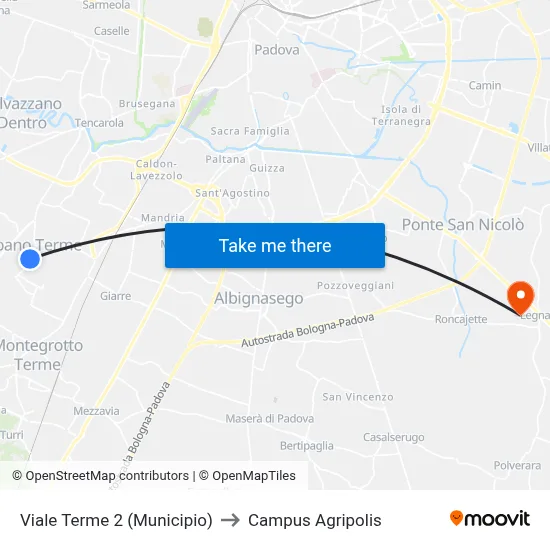 Terme Avenue 2 (Town Hall) to Agripolis Campus map