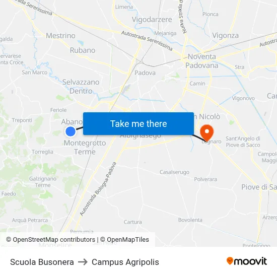 Busonera School to Agripolis Campus map