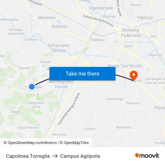 Torreglia Terminal to Agripolis Campus map