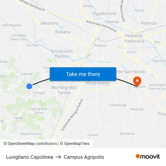 Luvigliano Terminal to Agripolis Campus map