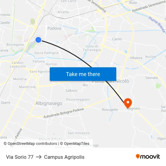 Sorio Street 77 to Agripolis Campus map