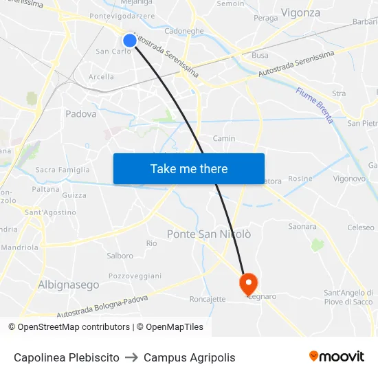 Plebiscito Terminal to Agripolis Campus map