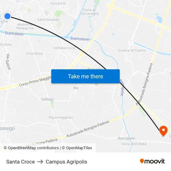 Santa Croce to Agripolis Campus map