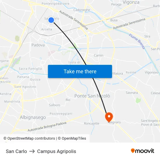 San Carlo to Agripolis Campus map