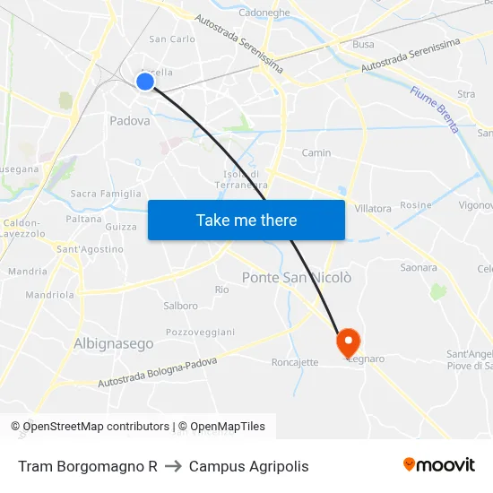 Tram Borgomagno R to Agripolis Campus map