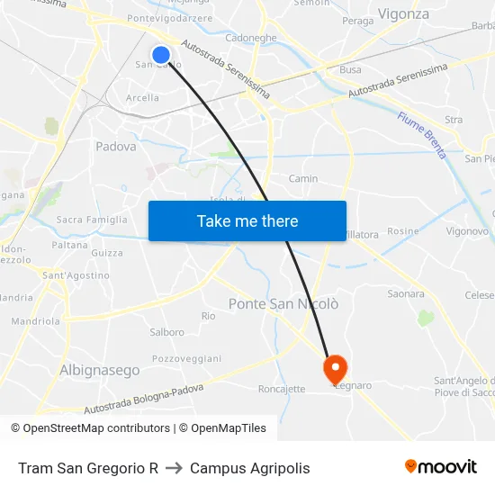 San Gregorio Tram R to Agripolis Campus map