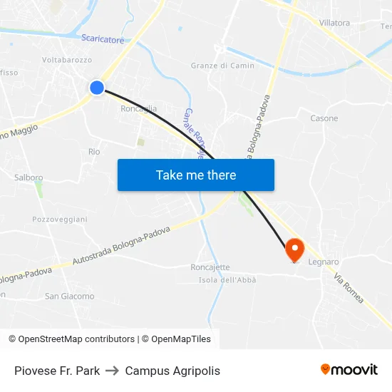 Piovese Park to Agripolis Campus map