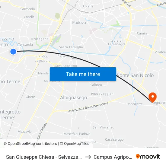 San Giuseppe Church - Selvazzano to Agripolis Campus map