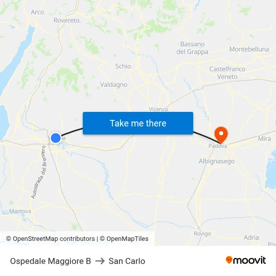 Main Hospital B to San Carlo map