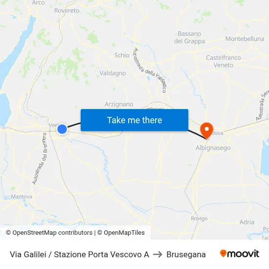 Via Galilei / Porta Vescovo Station A to Brusegana map
