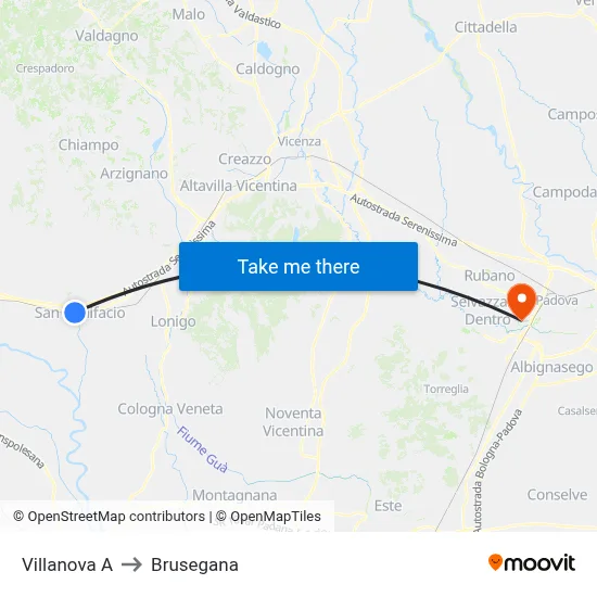 Villanova A to Brusegana map