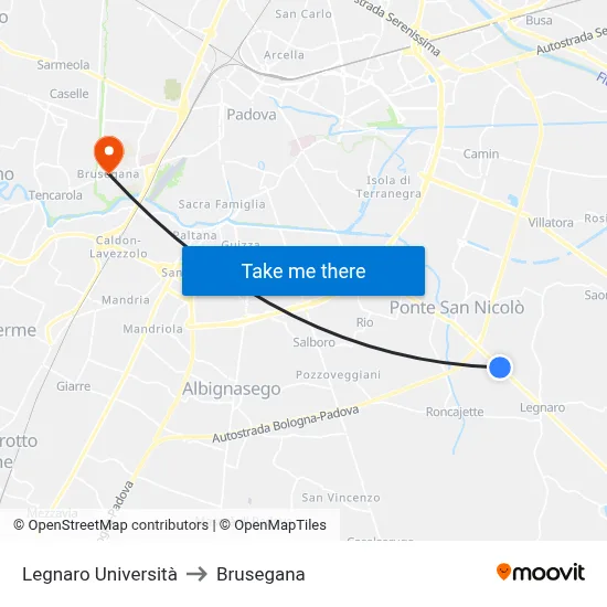 Legnaro University to Brusegana map