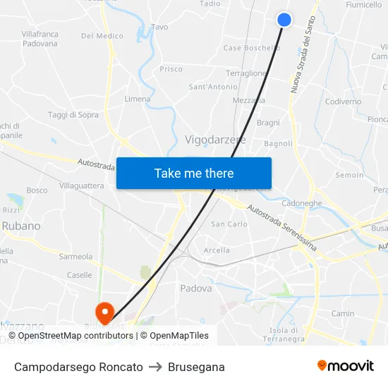 Campodarsego Roncato to Brusegana map