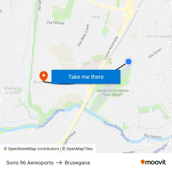 Sorio 96 Airport to Brusegana map