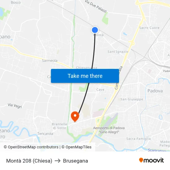Montà 208 (Church) to Brusegana map
