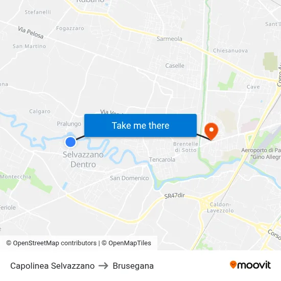 Selvazzano Terminal to Brusegana map