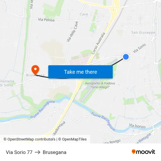 Sorio Street 77 to Brusegana map