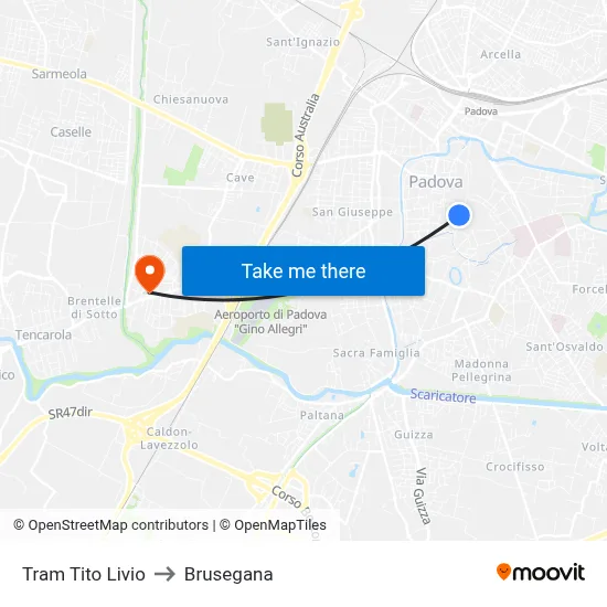 Tito Livio Tram to Brusegana map