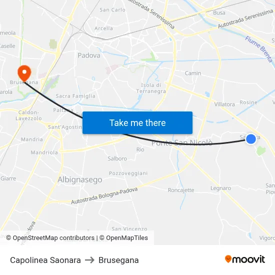 Saonara Terminal to Brusegana map