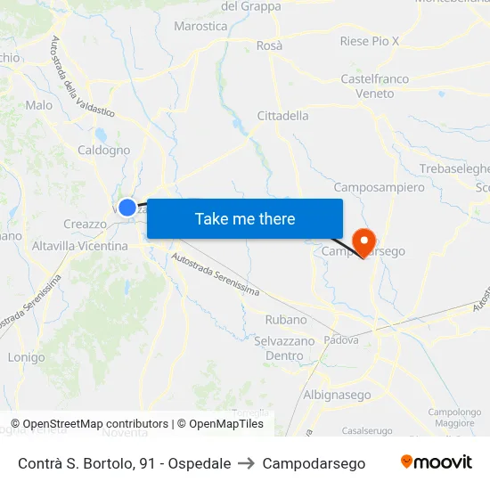 Contra S. Bortolo, 91 - Hospital to Campodarsego map