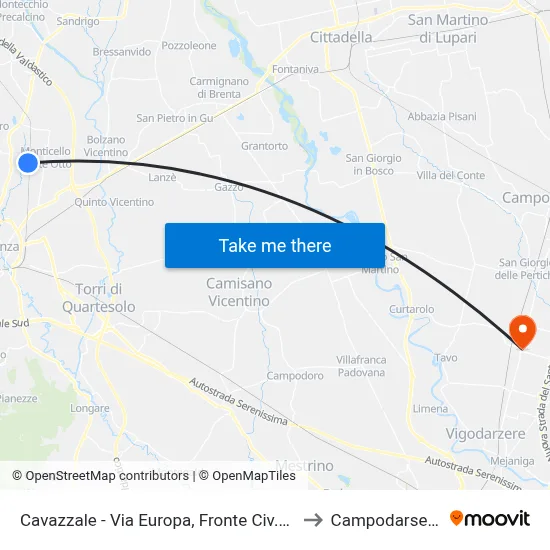 Cavazzale - Europa Street, Opposite No.175 to Campodarsego map