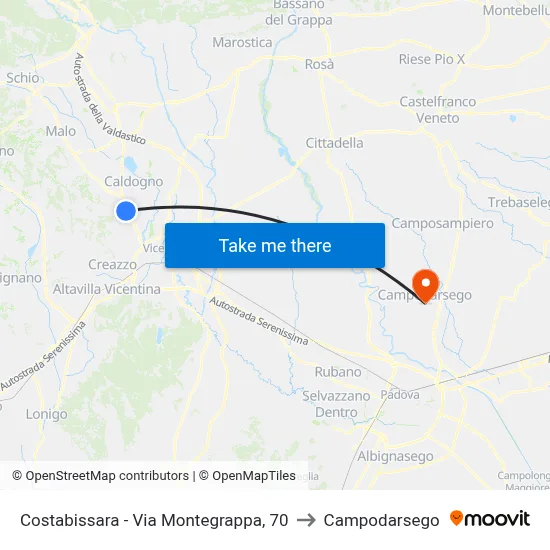 Costabissara - Via Montegrappa, 70 to Campodarsego map