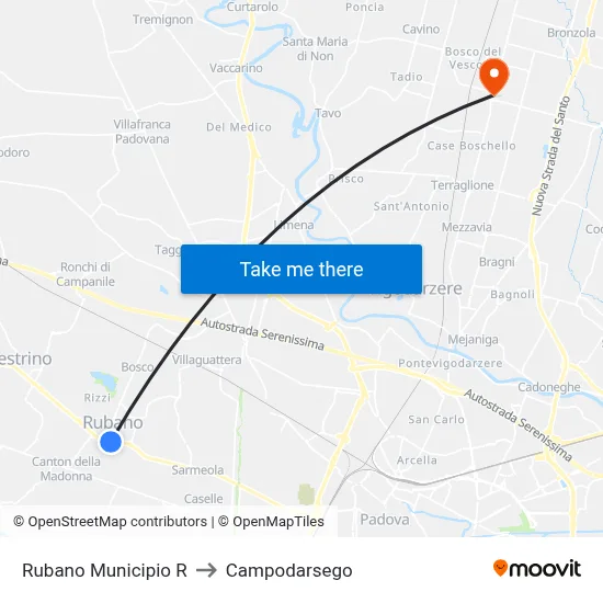 Rubano Town Hall Junction to Campodarsego map