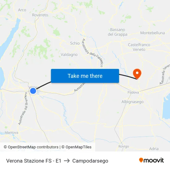 Verona Railway Station - E1 to Campodarsego map