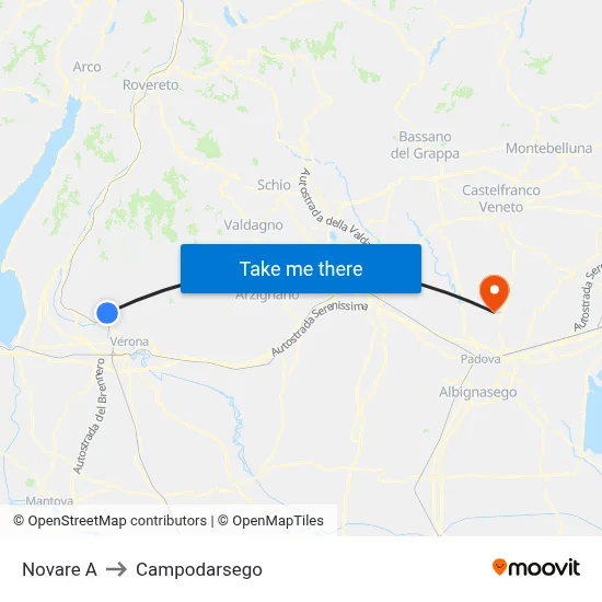 Novare A to Campodarsego map
