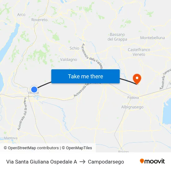 Santa Giuliana Hospital Street A to Campodarsego map