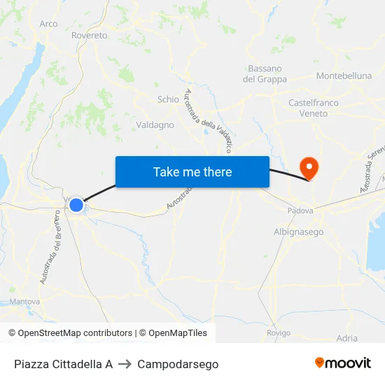 Cittadella Square A to Campodarsego map
