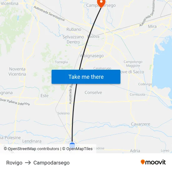 Rovigo to Campodarsego map