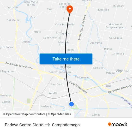 Padova Centro Giotto to Campodarsego map