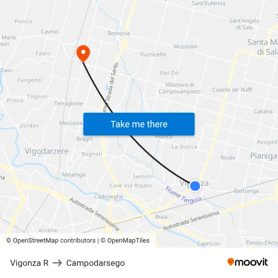 Vigonza R to Campodarsego map