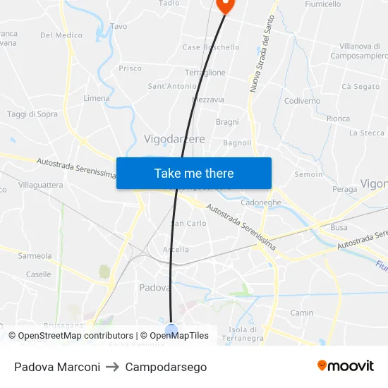 Padova Marconi to Campodarsego map