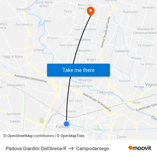 Padua Arena Gardens R to Campodarsego map