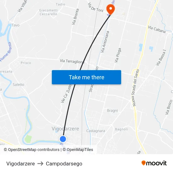 Vigodarzere to Campodarsego map