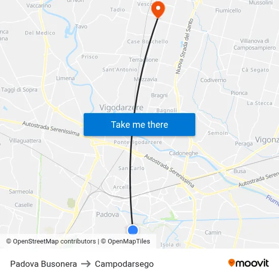 Padova Busonera to Campodarsego map
