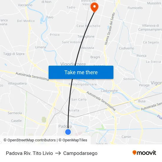 Padua Tito Livio Riverbank to Campodarsego map
