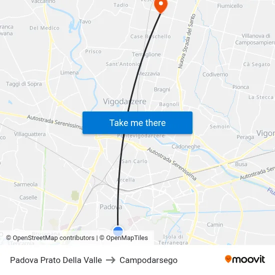 Padova Prato Della Valle to Campodarsego map