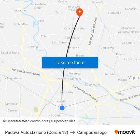 Padova Bus Station (Lane 13) to Campodarsego map